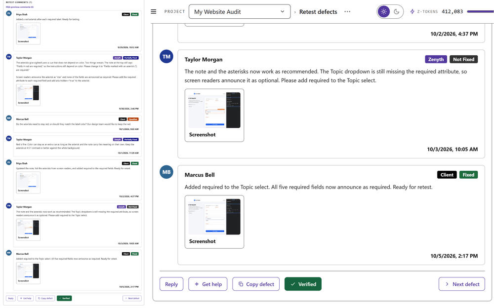Screenshot: The per-defect comment thread